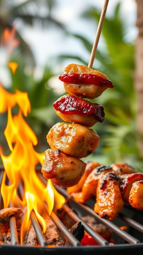 A close-up of grilled teriyaki chicken skewers with colorful vegetables.