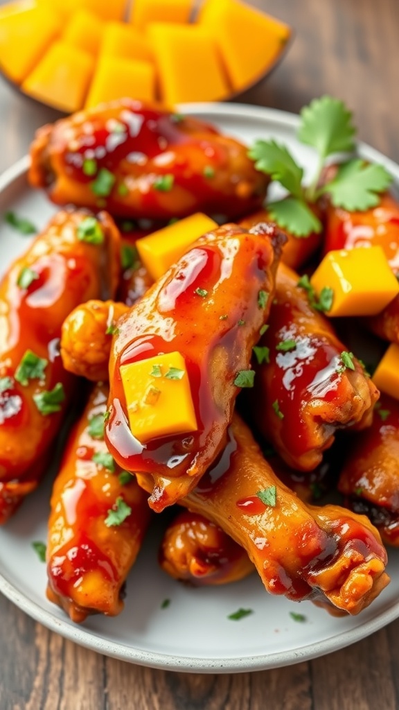 A plate of Teriyaki Mango Wings garnished with mango and herbs.