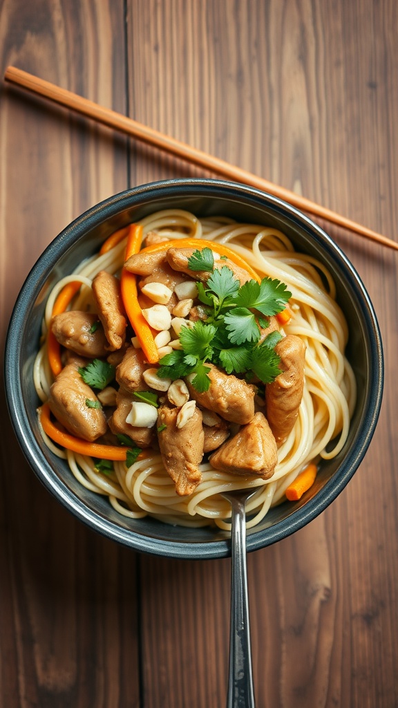 Thai Peanut Chicken Noodle Bowl with chicken, peanuts, and cilantro.