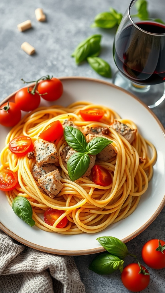 A plate of Tomato Basil Chicken Spaghetti garnished with fresh basil and cherry tomatoes.