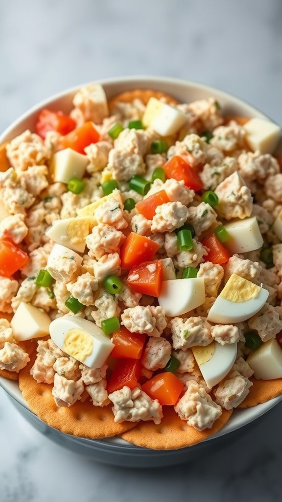 A colorful tuna salad with egg, featuring diced vegetables and served on crackers.