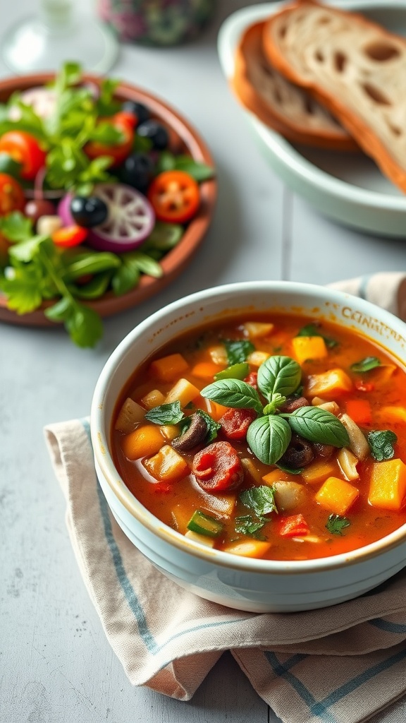 A bowl of Vegetable Minestrone soup garnished with fresh basil, served with a side salad and bread.