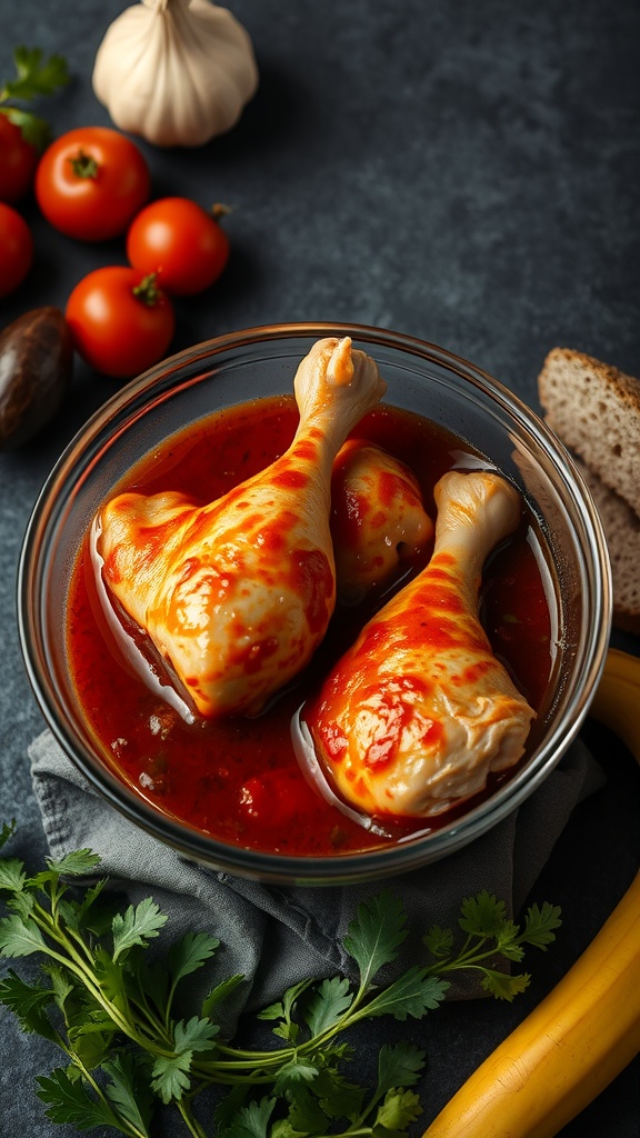 A bowl of chicken legs marinating in zesty BBQ sauce surrounded by fresh ingredients.