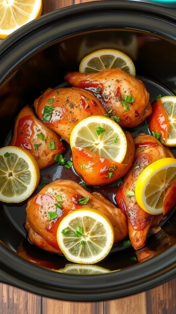 Zesty Lemon Herb BBQ Chicken in a crockpot with lemon slices