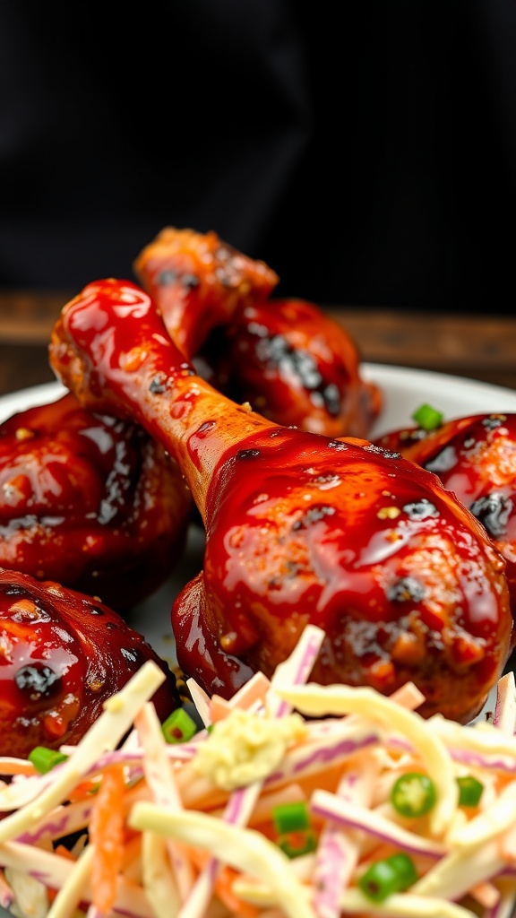 Juicy BBQ chicken drumsticks with a side of coleslaw.