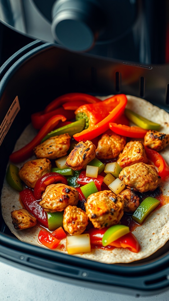 A delicious serving of air fryer chicken fajitas with colorful peppers and tortillas.