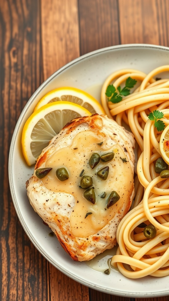 Delicious Air Fryer Chicken Piccata served with pasta and garnished with lemon and parsley.