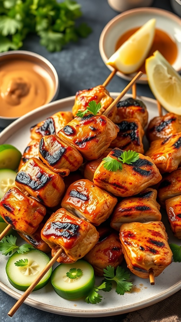 Air Fryer Chicken Satay skewers with peanut sauce.