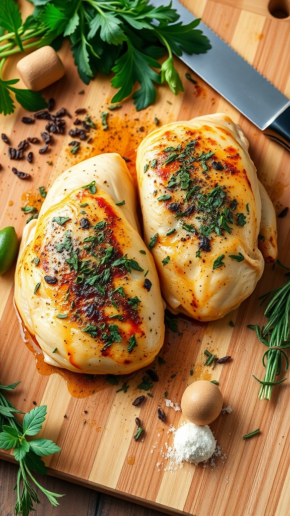 Herb-roasted chicken breasts with fresh herbs on a wooden cutting board.