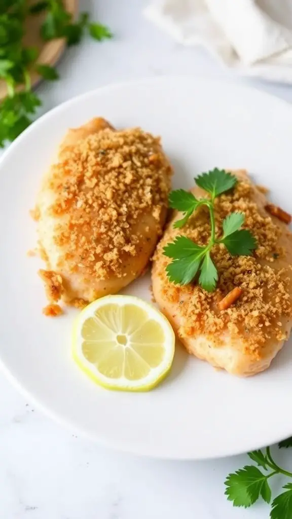 Crispy air fryer parmesan crusted chicken breasts served with lemon.