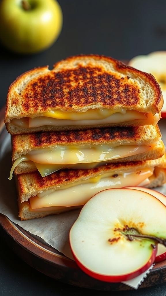 A delicious grilled cheese sandwich with layers of apple and cheddar cheese.