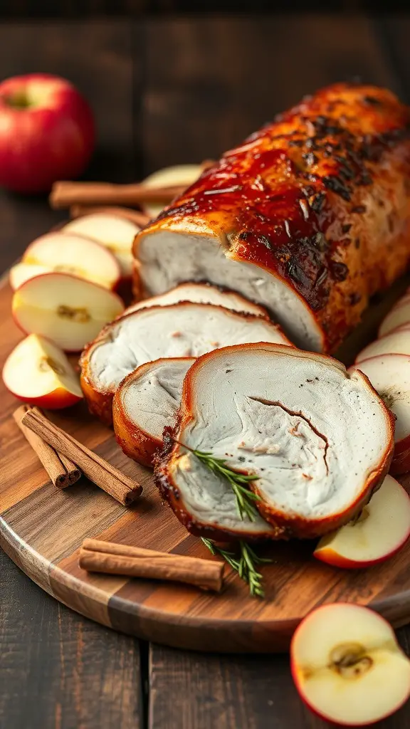 Juicy and tender apple cider brined pork loin, sliced and garnished with apple slices and cinnamon sticks.