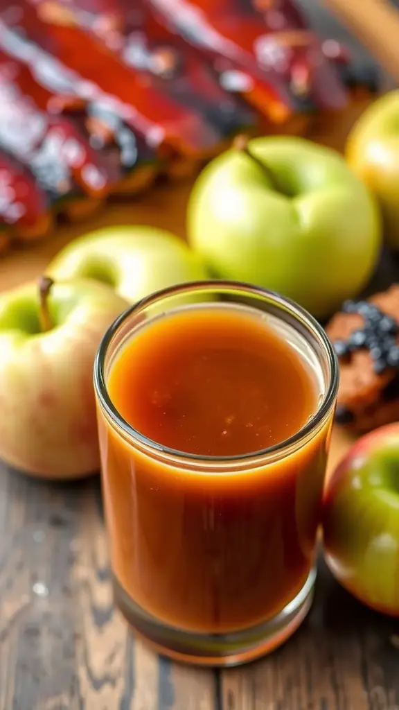 Bottle of apple cider vinegar barbecue sauce with apples in the background.