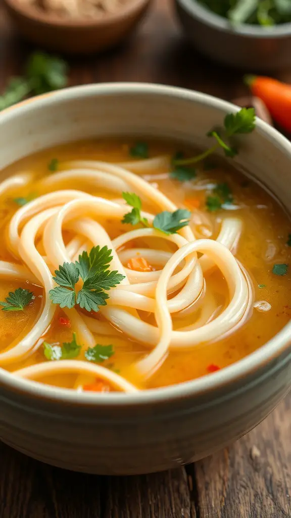 Bowl of Asian-inspired cabbage soup with noodles and garnished with cilantro.