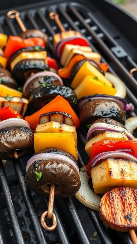 Miso portobello mushroom skewers with colorful vegetables on a grill