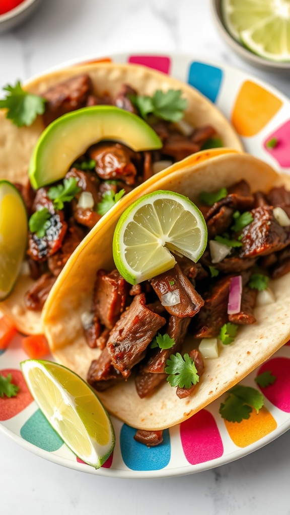 Avocado Lime Grilled Skirt Steak Tacos with lime wedges and cilantro