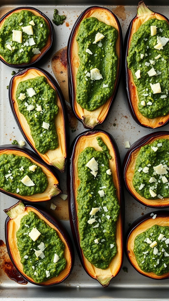 Baked eggplant topped with vibrant pesto and cheese