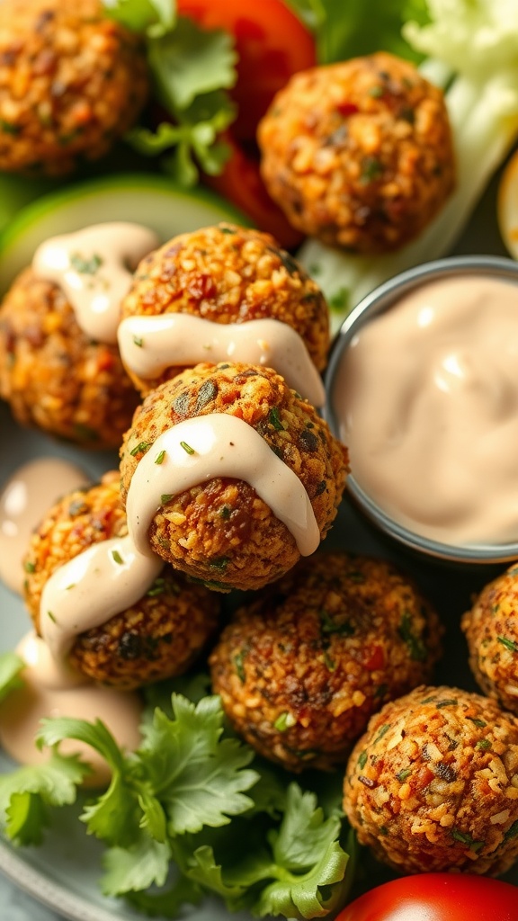 Plate of baked falafel with tahini sauce and fresh vegetables
