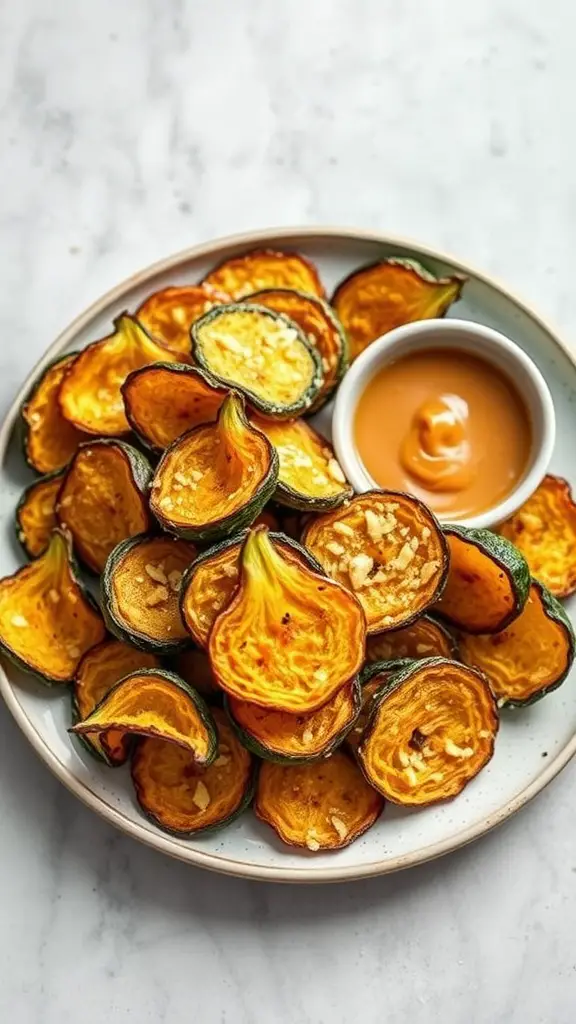 Baked Parmesan Squash Chips on a plate with a dipping sauce
