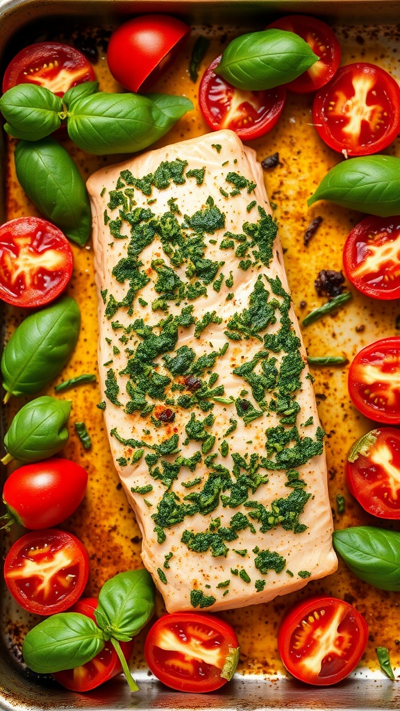 Baked salmon with pesto, tomatoes, and basil