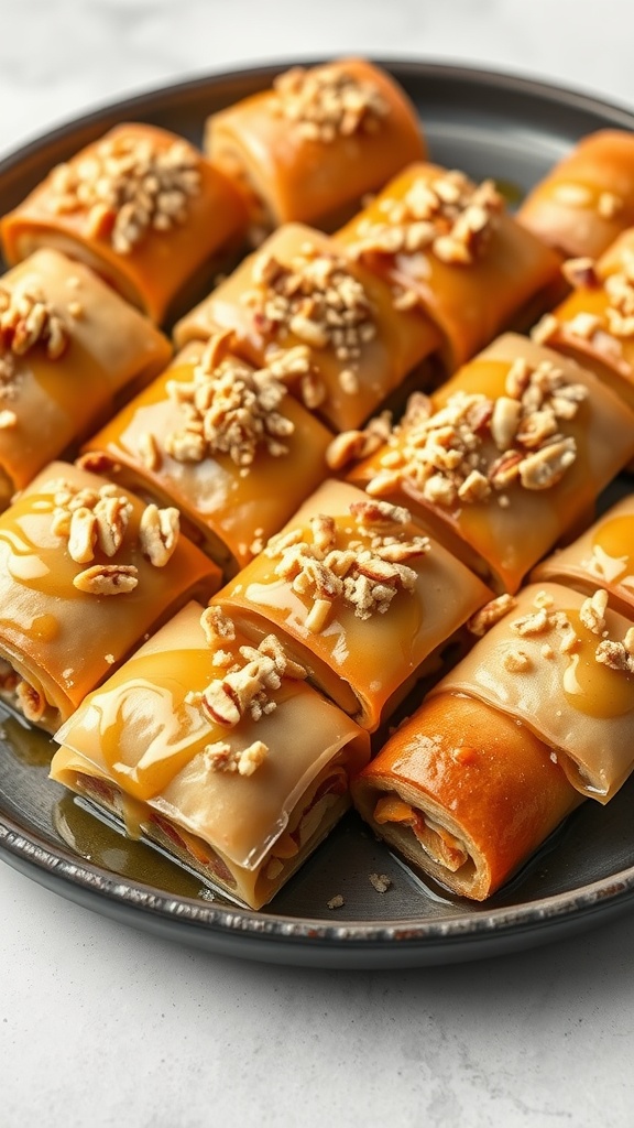 Baklava rolls drizzled with honey and topped with nuts