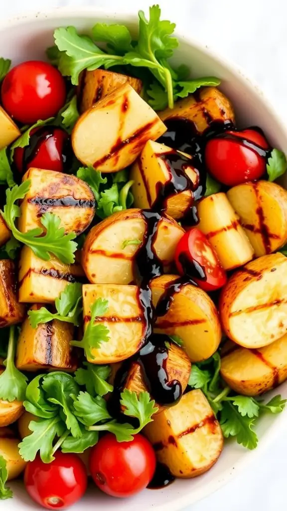 Balsamic Glaze Grilled Potato Salad served in a bowl