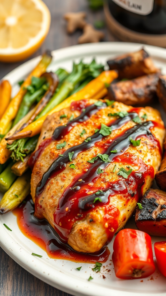 Balsamic Glazed BBQ Chicken Breasts served with grilled vegetables.