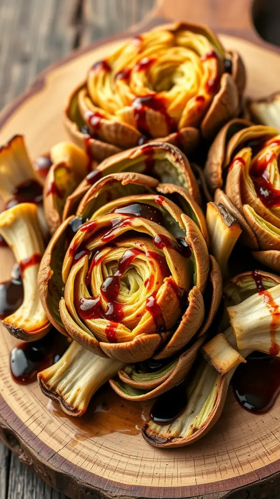 Balsamic glazed grilled artichokes arranged on a wooden platter.