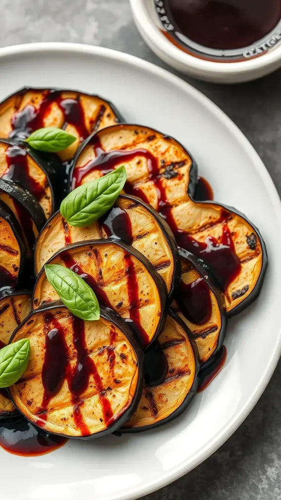 Balsamic glazed grilled eggplant slices garnished with fresh basil on a white plate.