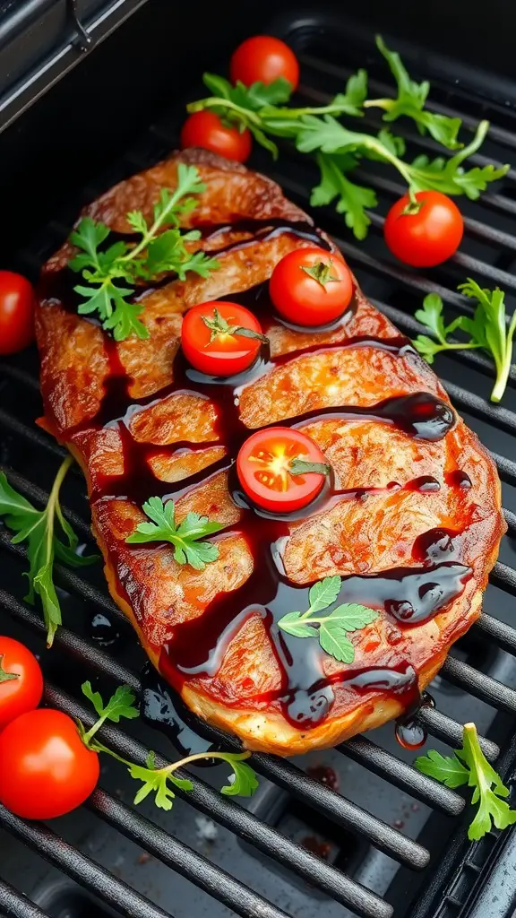 Grilled flap meat with balsamic glaze and garnish