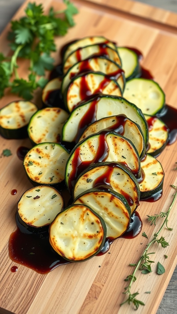 Sliced grilled zucchini drizzled with balsamic glaze and garnished with herbs.