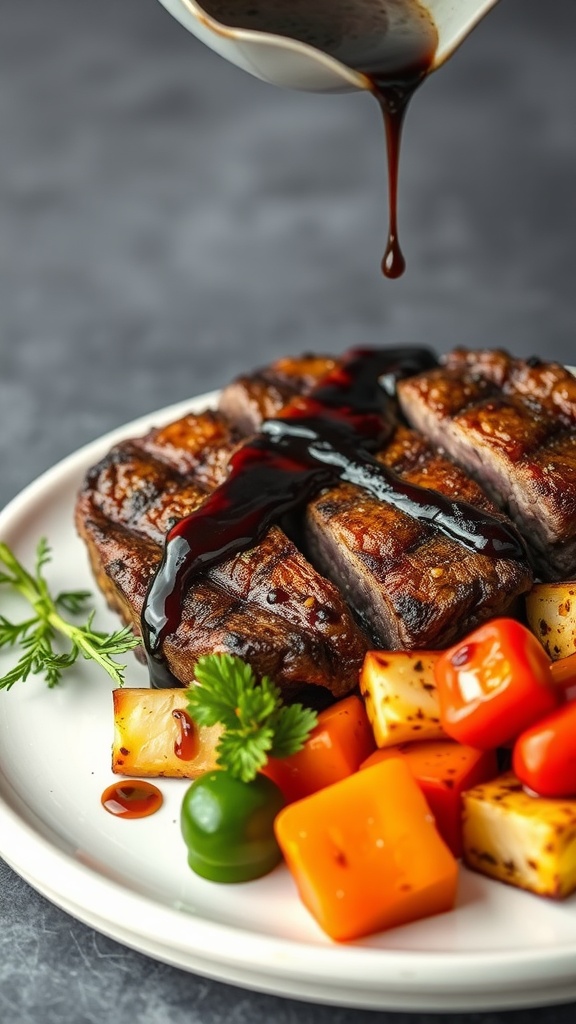 Balsamic glazed skirt steak served with colorful vegetables.