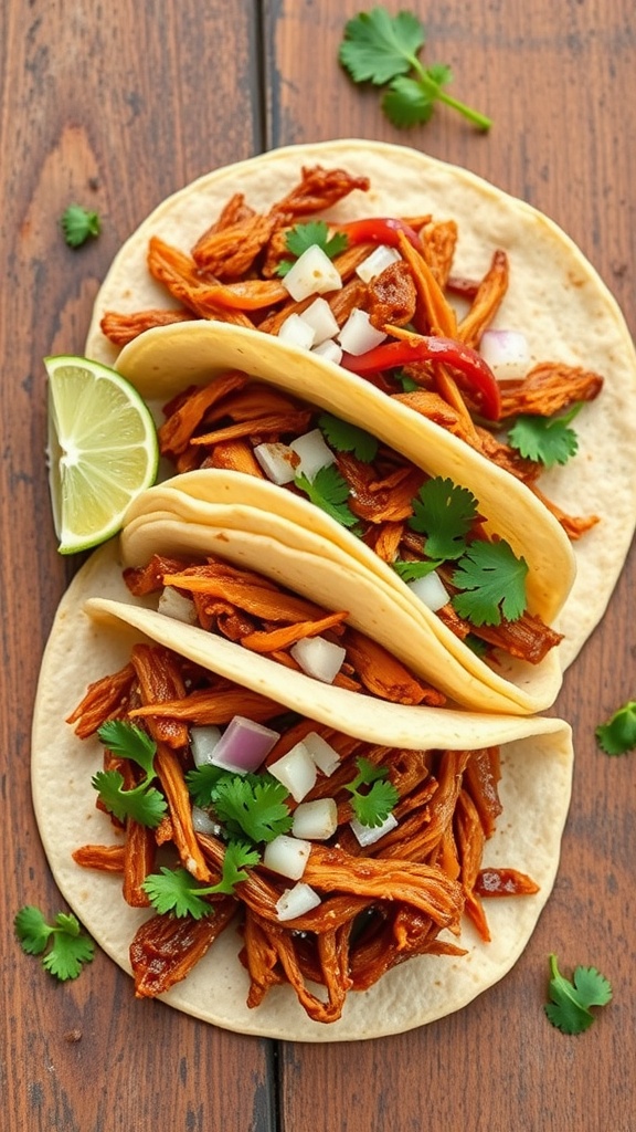 Three barbecue chicken tacos with cilantro and lime slices