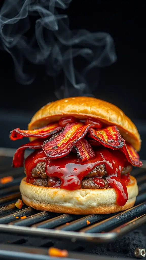 A delicious BBQ Bacon Burger stacked high with bacon and barbecue sauce.