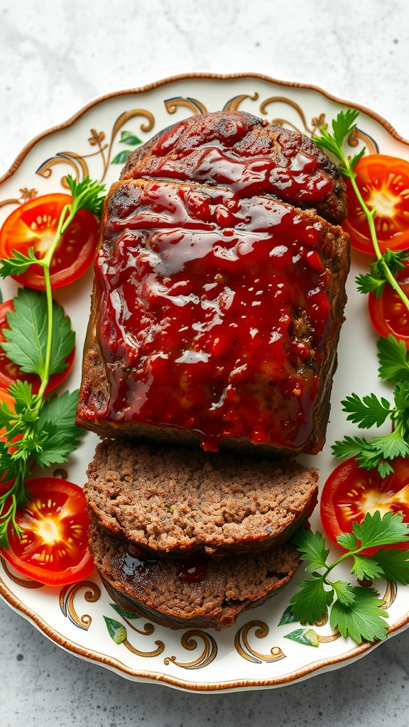 A delicious BBQ meatloaf topped with a tangy glaze, garnished with fresh tomatoes and greens.