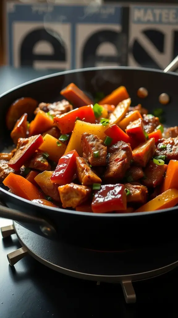 A colorful stir-fry featuring BBQ pork and a variety of fresh vegetables.