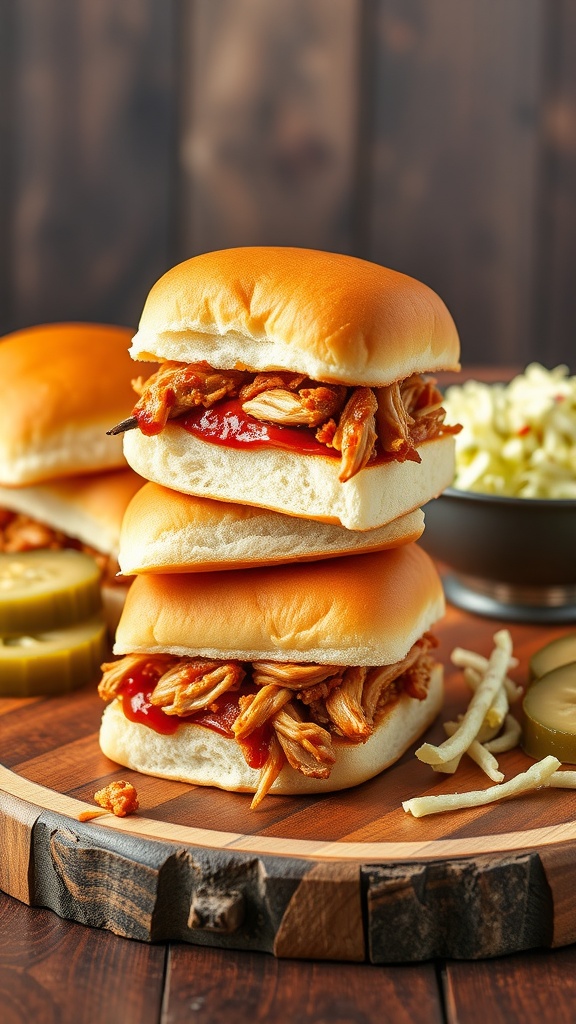 Delicious BBQ pulled chicken sliders served on a wooden platter with pickles and coleslaw.