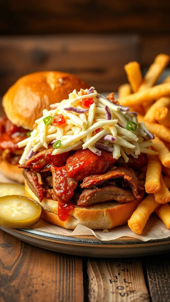 BBQ Pulled Pork Sandwiches with coleslaw and fries