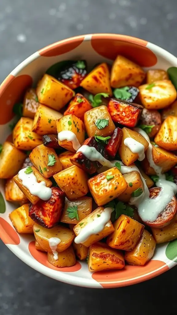 A colorful bowl of BBQ Ranch Grilled Potato Salad with grilled potatoes and ranch dressing drizzled on top.