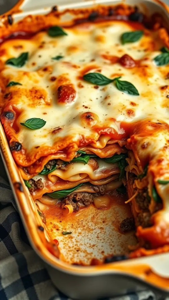 A delicious and cheesy beef and spinach lasagna bake
