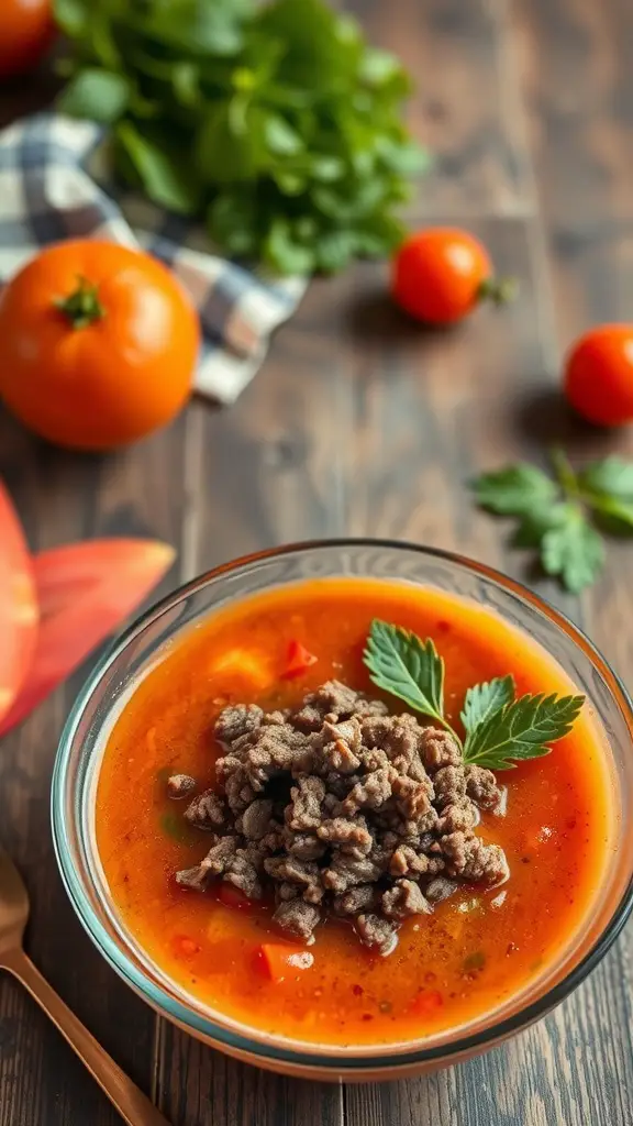 A bowl of Beef and Tomato Gazpacho with fresh vegetables and herbs.
