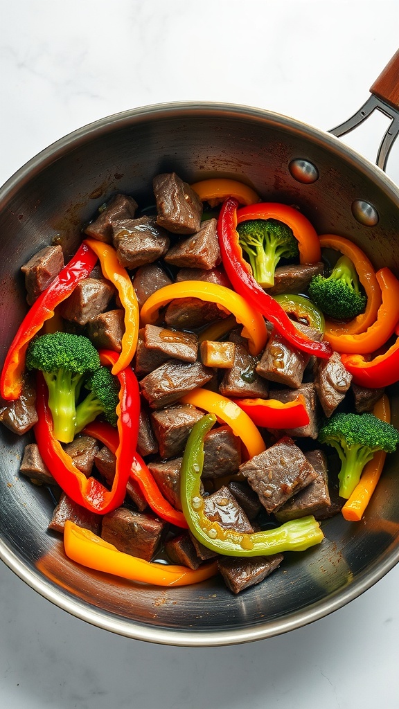 A colorful beef and vegetable stir-fry in a skillet.