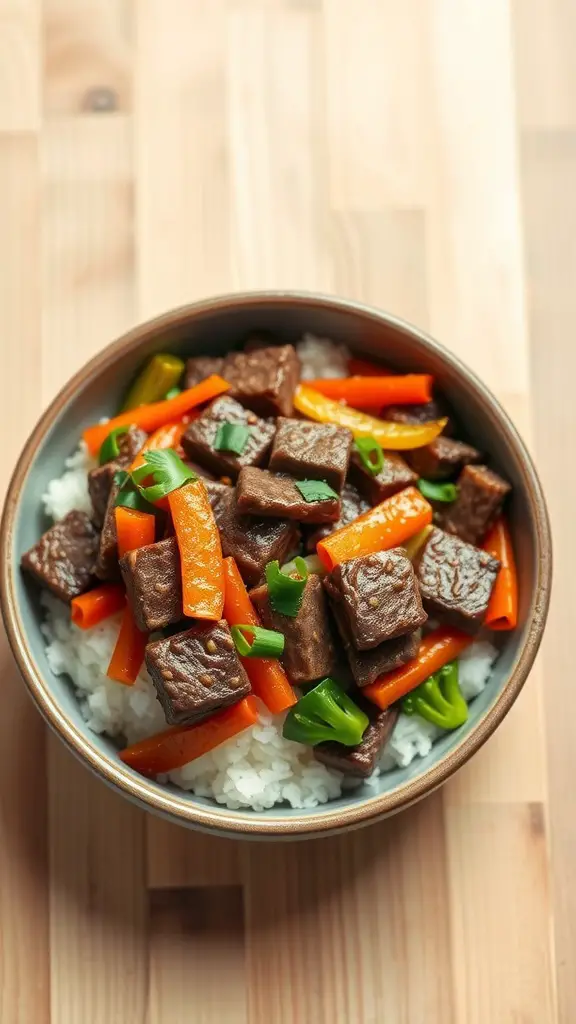 A bowl of beef and vegetable stir-fry served over rice.