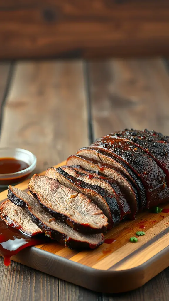 Sliced beef brisket with a smoky glaze on a wooden cutting board