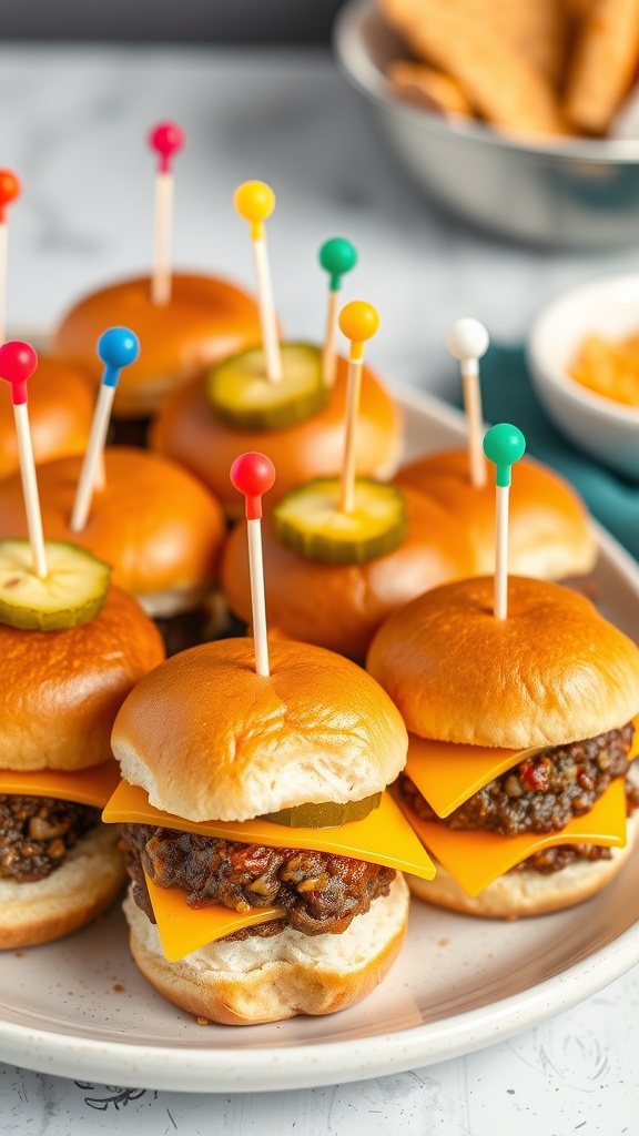 A close-up of delicious beef burger sliders topped with cheese and pickles.