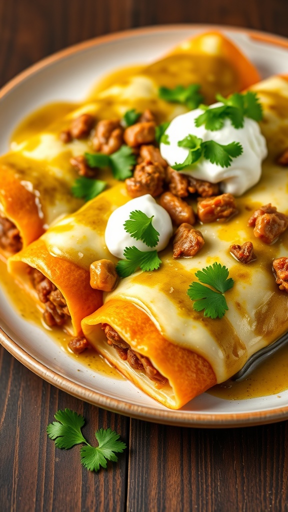 Delicious beef enchiladas topped with green sauce and garnished with cilantro and sour cream.