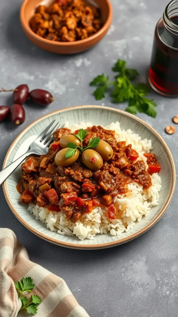 Plate of Beef Picadillo served with rice, garnished with olives and herbs.
