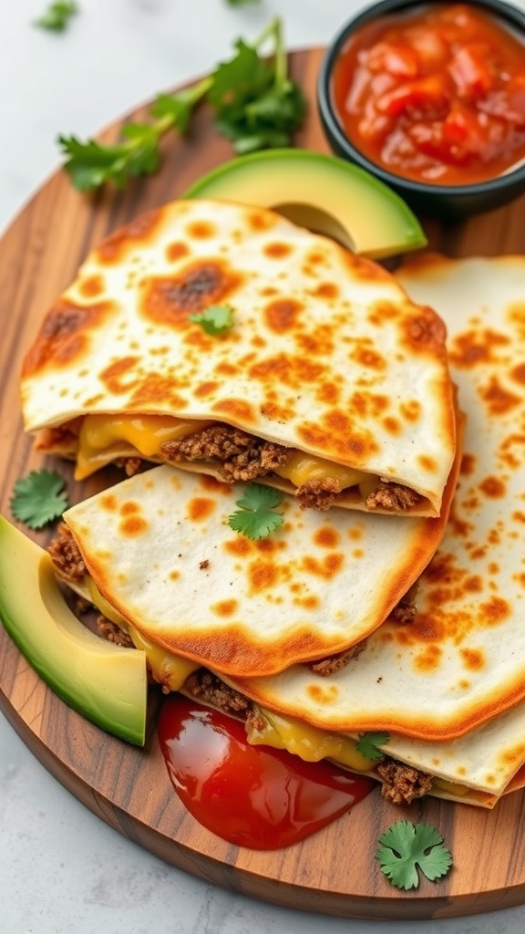 A plate of beef quesadillas served with avocado and salsa