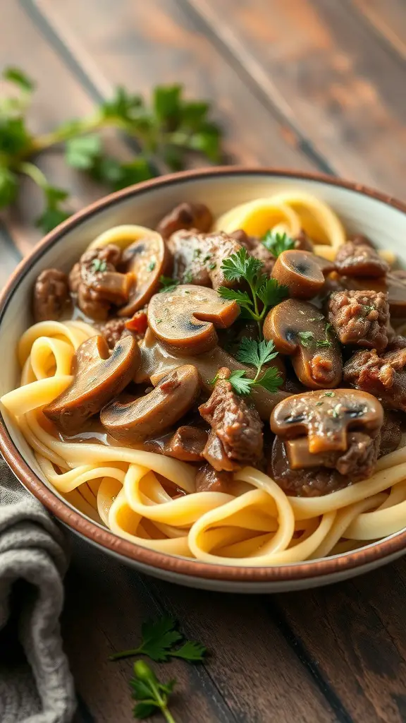A comforting bowl of Beef Stroganoff served over egg noodles, garnished with parsley.