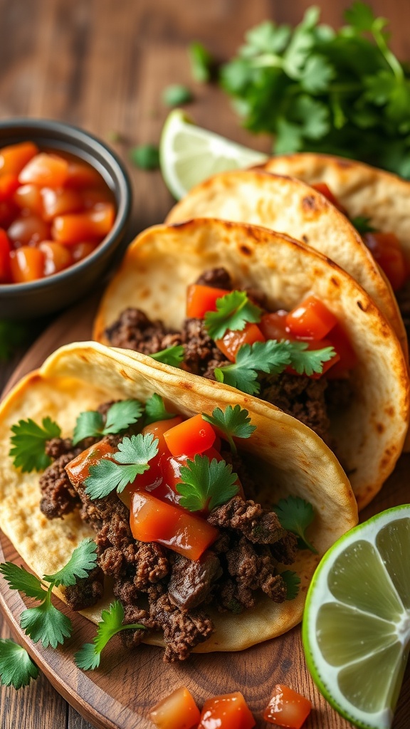 A plate of beef tacos with fresh salsa and lime wedges, garnished with cilantro.